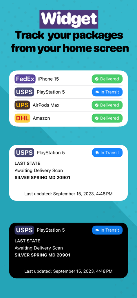 Deliveries Package Tracker - Deliveries app home screen widgets showing real-time package tracking status in both light and dark modes.
