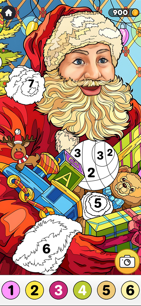 Paint Book Christmas Edition - A mobile app interface showing a color by number activity featuring a Santa Claus illustration with gifts.