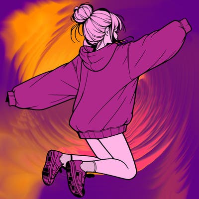 realistic girl jumping with a bun and oversized sweatshirt