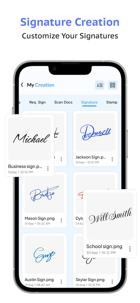 A mobile interface of the Sign Docs app showing a library of customized digital signatures for different professionals.