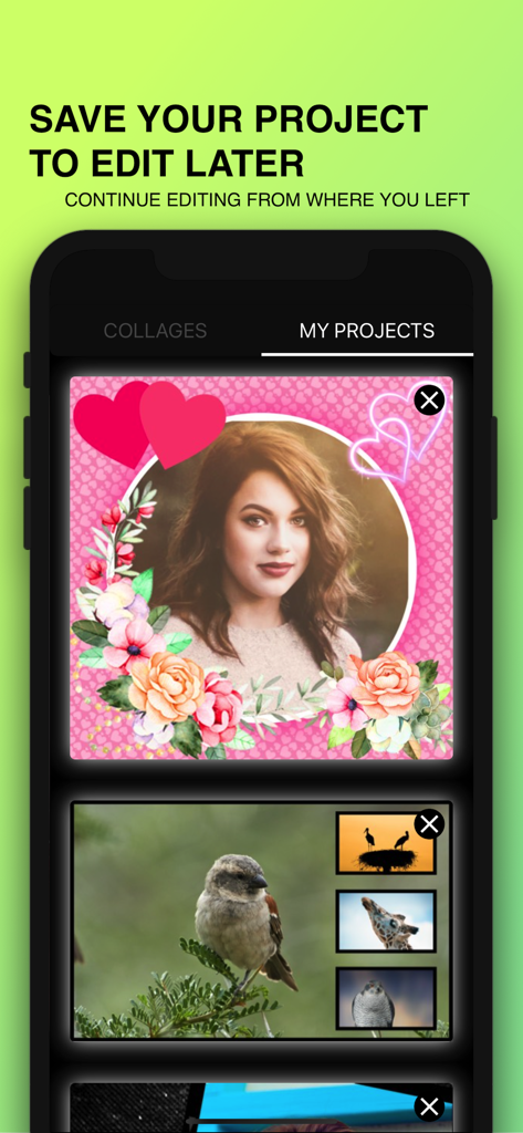 Photo Collage Maker : Pic Grid - La pantalla Mis Proyectos de la aplicación Photo Collage Maker, que muestra diseños de fotos guardados listos para su posterior edición.