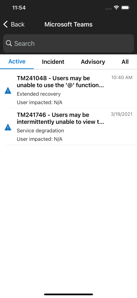Microsoft 365 Admin - Microsoft 365 Admin app service health screen for Microsoft Teams showing active incidents and advisories