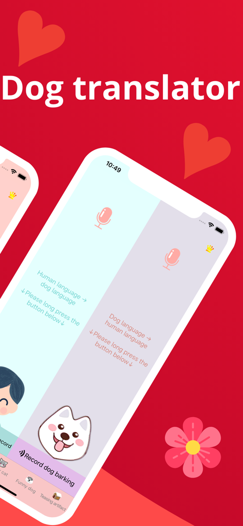 Dog&Cat  translator pet co - Mobile app screen showing human to dog and dog to human translation interface