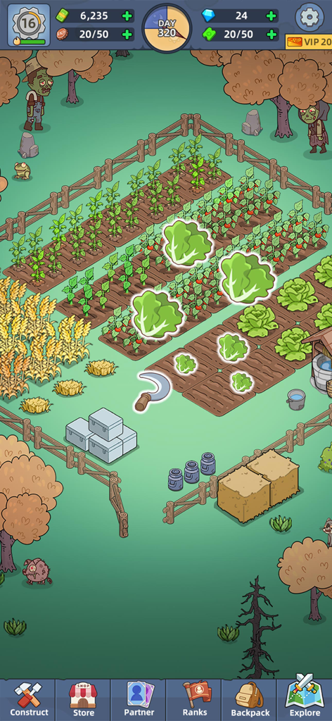 A cartoon screenshot from Mini Survival Zombie Fight showing a fenced-in garden with growing vegetables and a harvesting sickle icon.