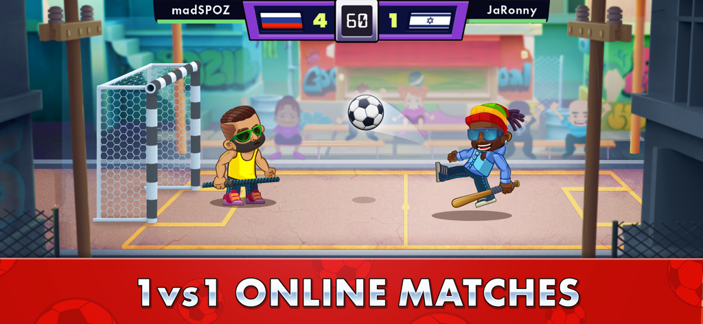 Street Soccer: Ultimate Fight - Un partido callejero de fútbol 1v1 en línea que muestra a dos personajes estilizados compitiendo en un campo urbano con un marcador.