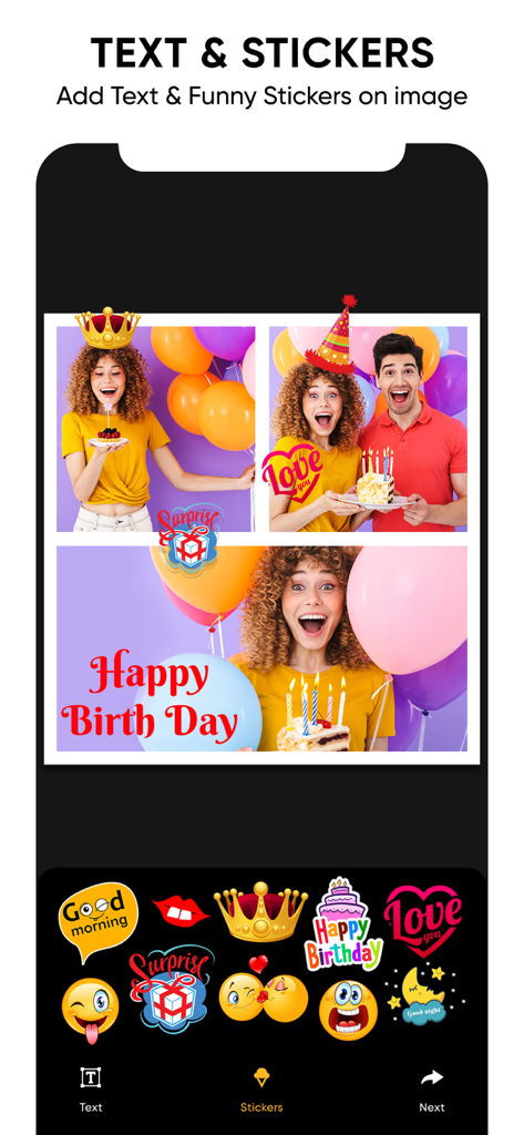 Ajout de texte et de stickers à un collage photo d'anniversaire dans l'application