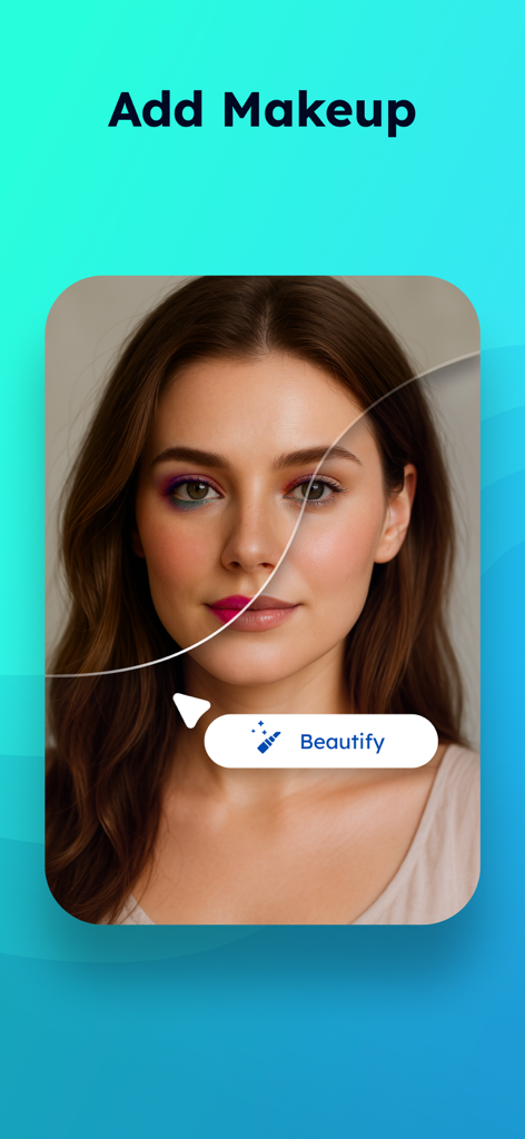 PixVibe: Magic Object Eraser - El rostro de una mujer que muestra una comparación de antes y después de la herramienta de maquillaje y embellecimiento con IA en la aplicación PixVibe.