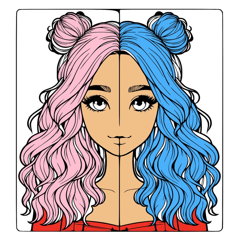 realistic girl with wavy hair and half of her hair in 2 buns