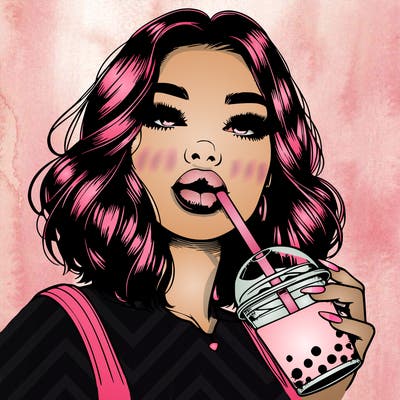 realistic girl with glossy lips holding boba