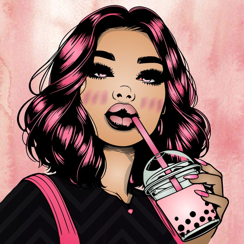 realistic girl with glossy lips holding boba