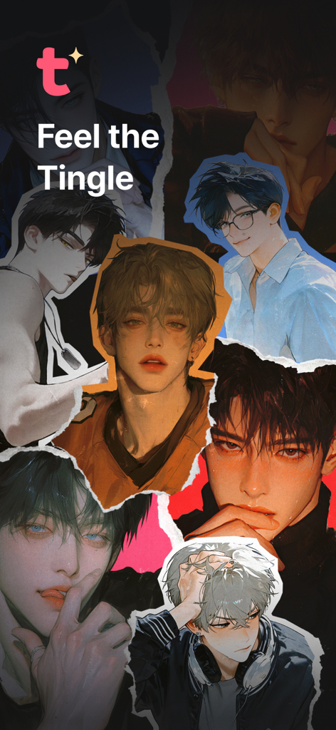 TingleChat - A collage of diverse anime-style male characters with the text Feel the Tingle