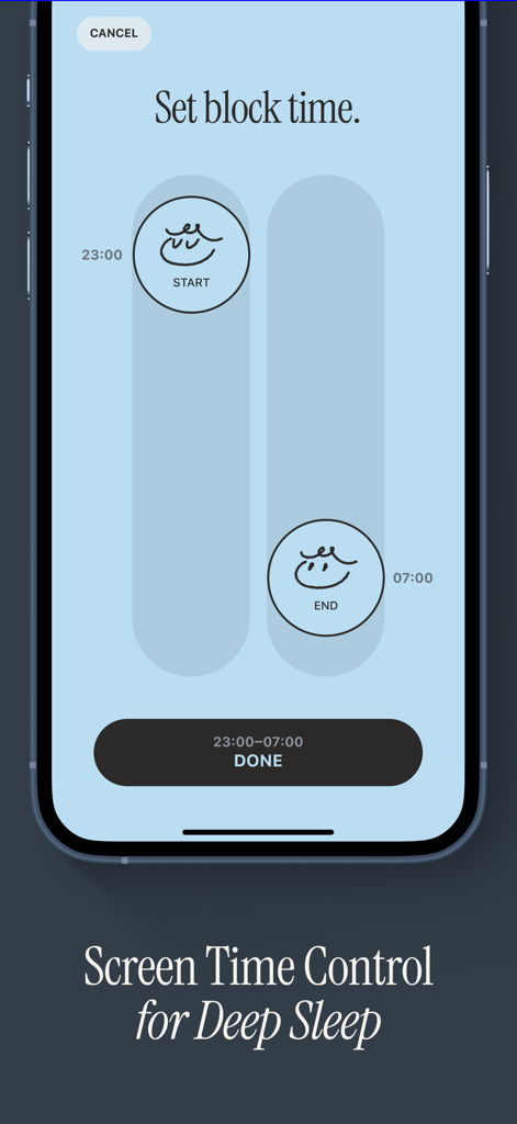 Sheeping: Sleep & App Block - Benutzeroberfläche der Sheeping App zum Einstellen eines Bildschirmsperrzeitplans von 23:00 bis 7:00 Uhr zur Verbesserung des Schlafs