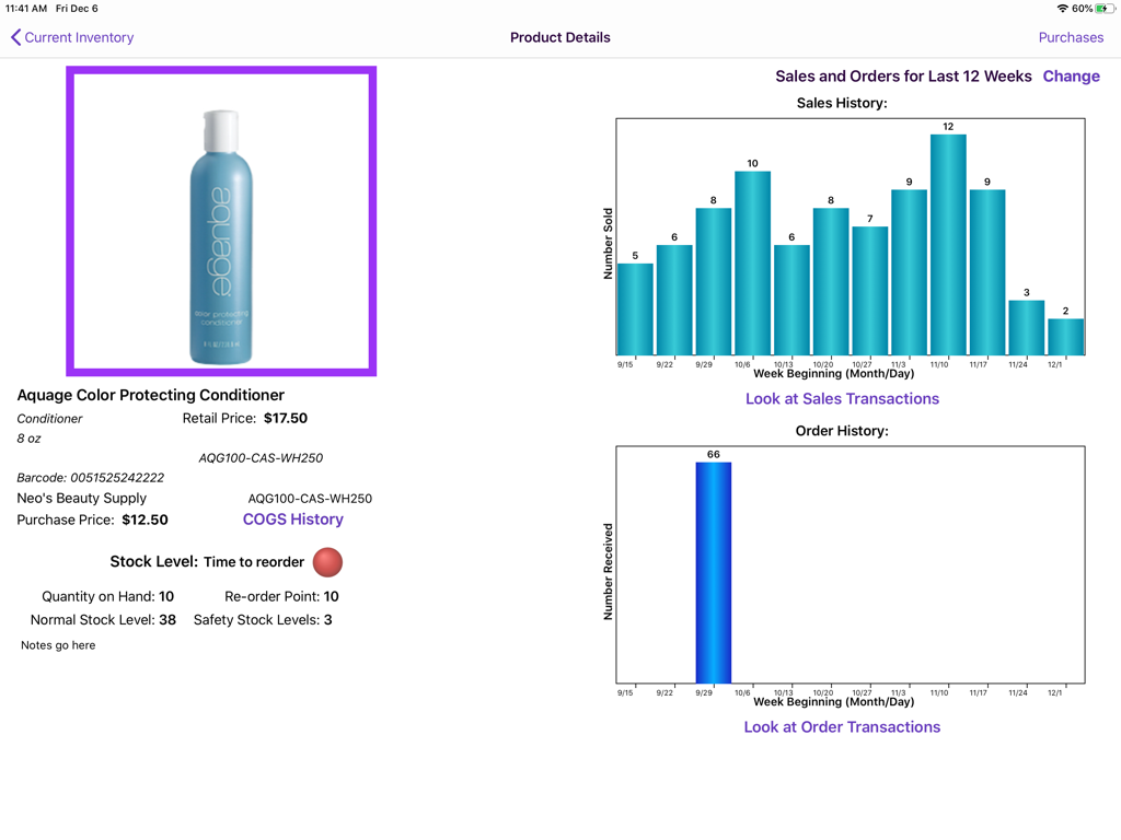 On Shelf - On Shelf iPad app product details page showing inventory stock levels and sales history charts