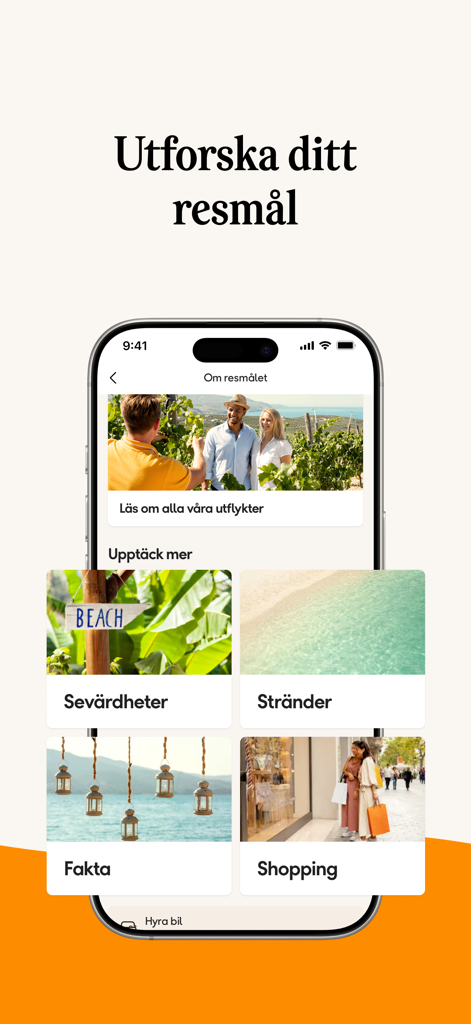 L'interface de l'application Ving affiche les catégories de voyage, comme les sites touristiques, les plages et le shopping.