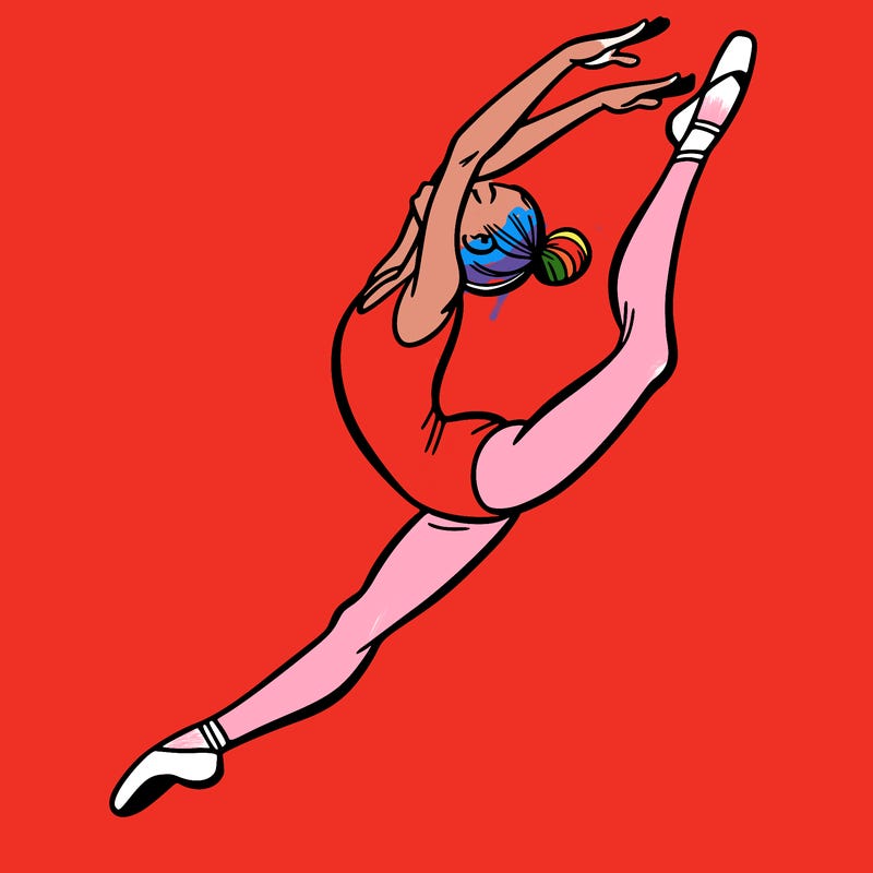 gymnast doing a leap in a leotard with a bent back leg