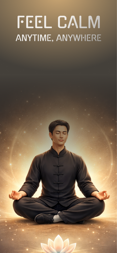 Tai Chi & Qigong: Home Coach - A man in a traditional outfit meditating in a lotus pose with a glowing golden aura and stardust background