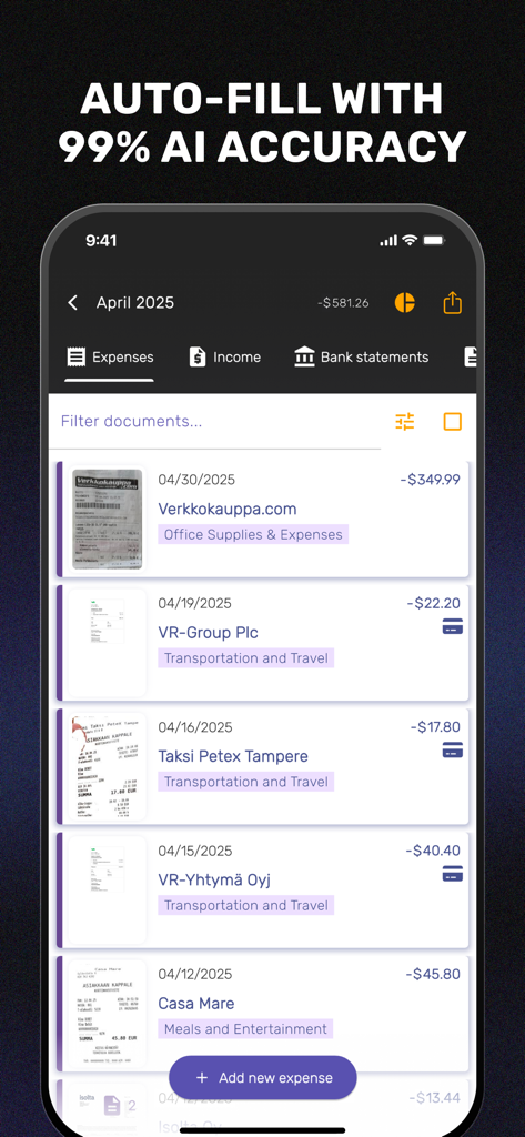 SparkReceipt: Expense Scanner - Painel do aplicativo móvel SparkReceipt exibindo uma lista de recibos comerciais digitalizados e despesas categorizadas por IA