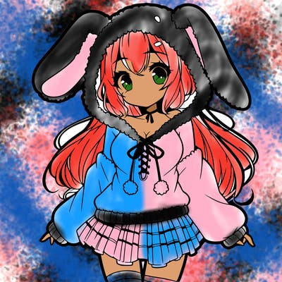 pretty anime girl wearing a fluffy hoodie with bunny ears on the hood and a skirt
