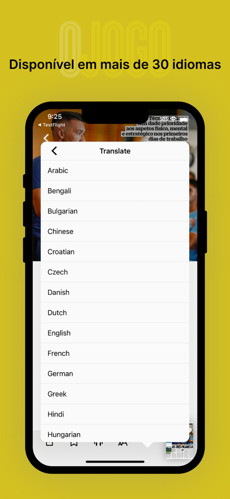 Interface de l'application O Jogo affichant un menu de traduction avec plusieurs options linguistiques