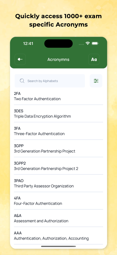 A searchable list of cybersecurity acronyms and their full definitions within the ISC2 Official study app