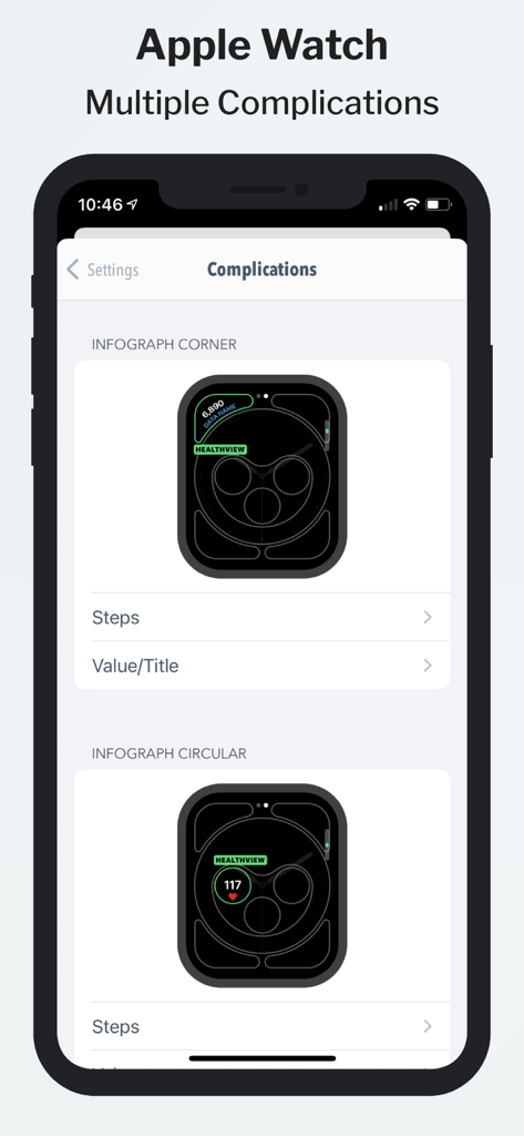 HealthView - HealthView app interface showing configuration options for Apple Watch complications on various watch faces