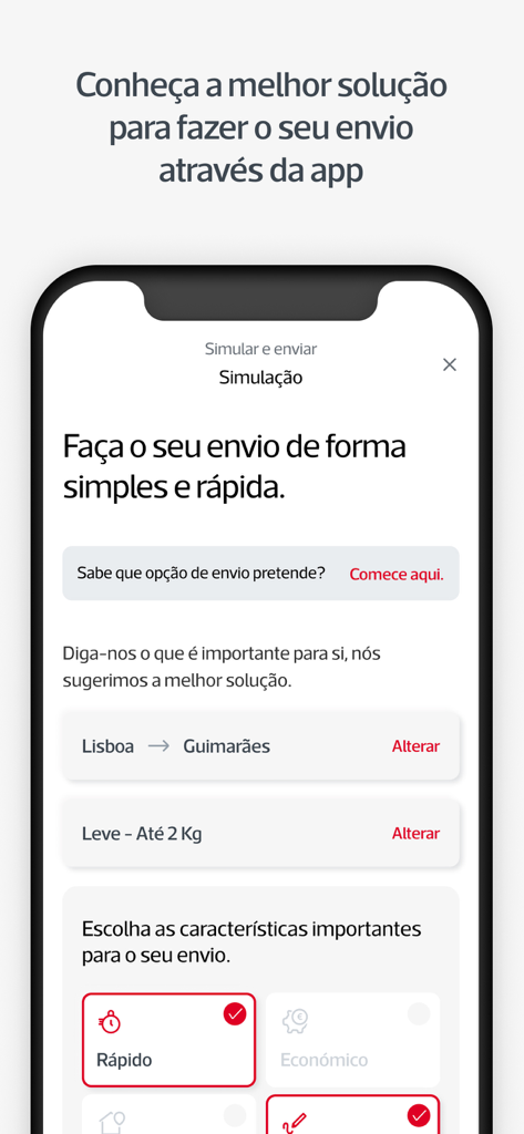 Interfaz móvil para simular y enviar un paquete dentro de la aplicación CTT