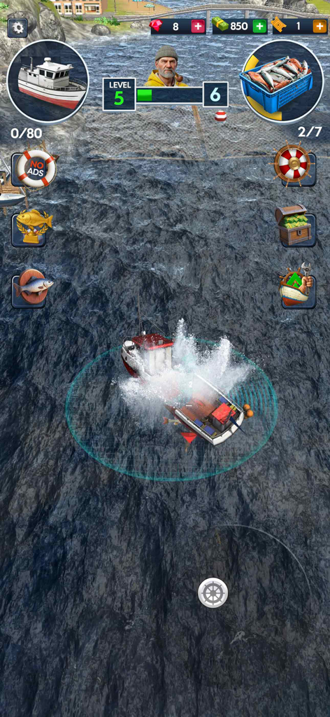 Vista cenital de un barco de pesca navegando por aguas profundas del océano en Open Sea Fishing Simulator