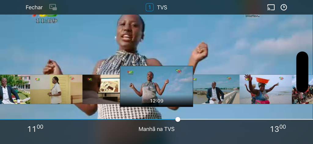 Player de vídeo no aplicativo CST ON mostrando a reprise em time-shift para o canal TVS