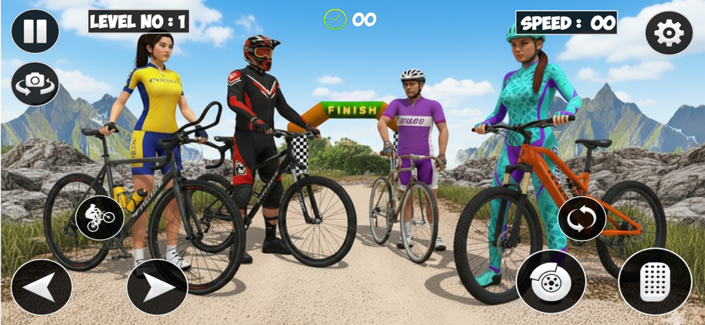 BMX Racing: Bicycle Rider Game - Four bicycle riders and their bikes standing at the start of a level in a mountain environment