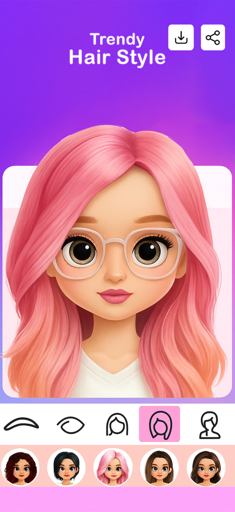 Doll Maker Character Creator - Una pantalla de personalización de personajes en la aplicación Doll Maker con una muñeca con pelo rosa de moda y gafas blancas