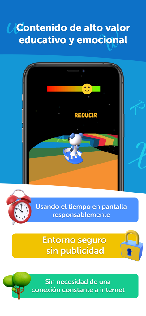 PleIQ - Caligrafía Interactiva - Interfaz de la aplicación PleIQ destacando el tiempo de pantalla responsable y un entorno seguro libre de anuncios