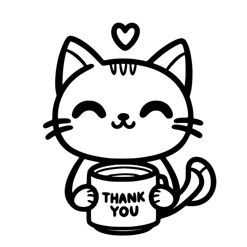 a cat holding a thank you mug
