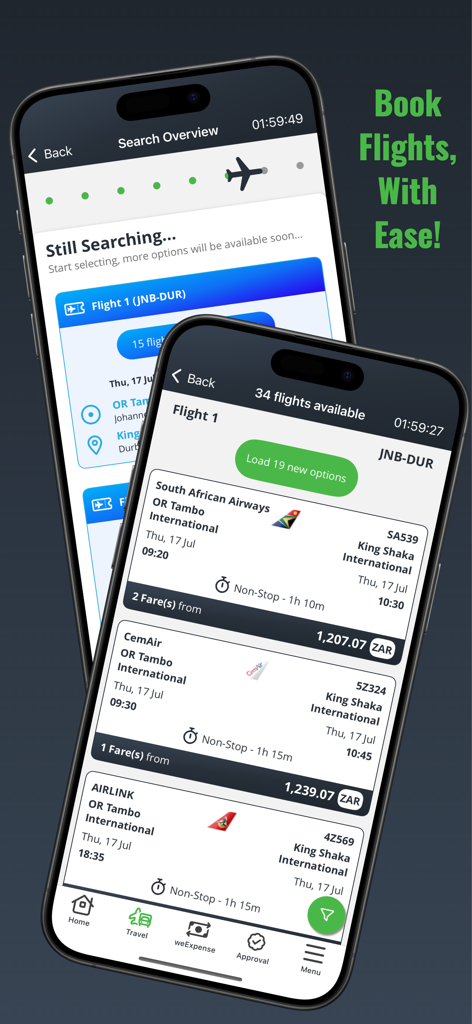 Zwei iPhones zeigen die Benutzeroberfläche der Travelit App für die Suche und Buchung von Firmenflügen.