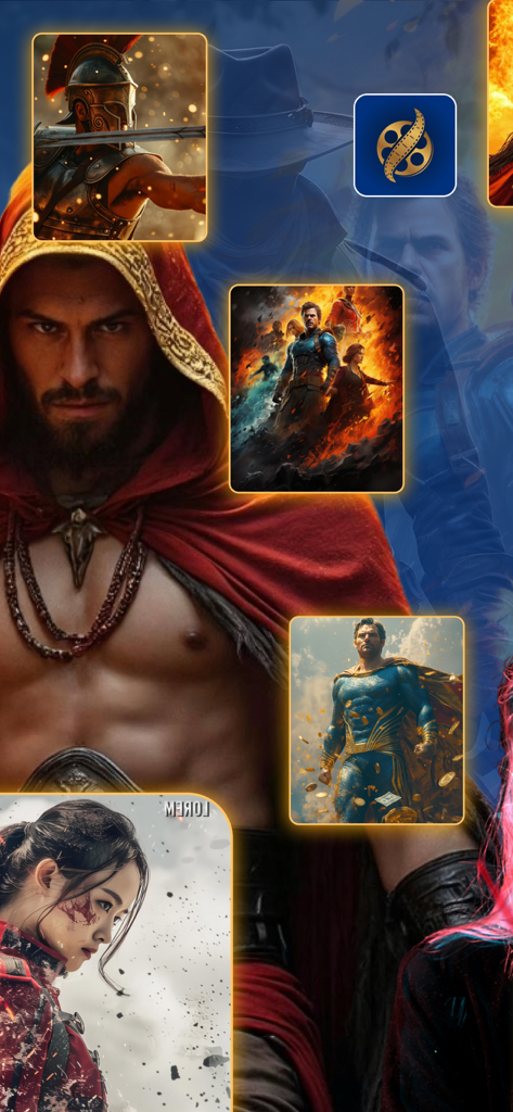 A montage of cinematic character images including an assassin, a gladiator, and a superhero alongside the MoveIaHD film glossary app logo.