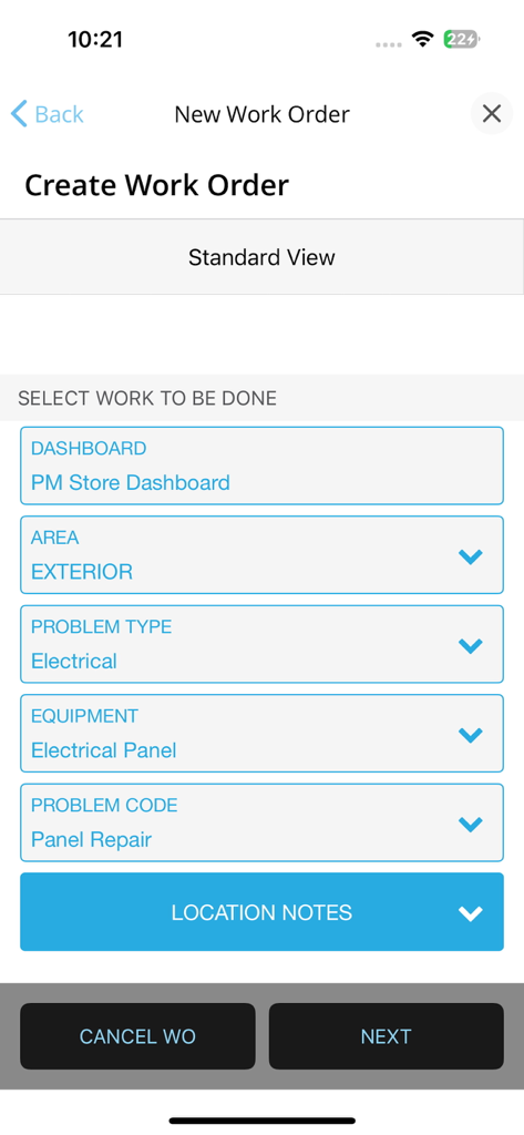 ServiceChannel - A mobile interface for creating a new work order in the ServiceChannel app, specifying an electrical panel repair in the exterior area.