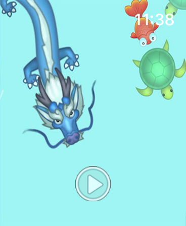 Watch Games-Summon the Dragon - Gameplay screen of a blue dragon fish and turtles in an oriental waterworld