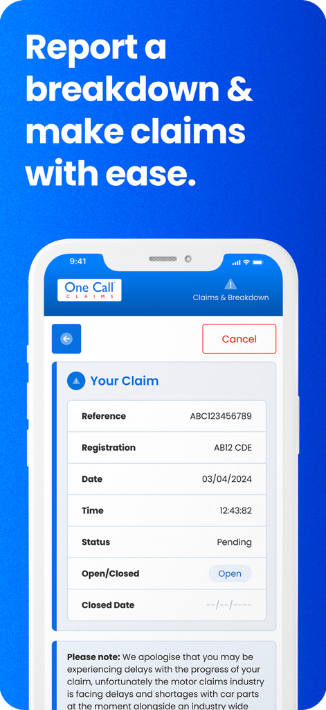 One Call Insurance - A mobile interface of the One Call Insurance app showing the details and status of an insurance claim
