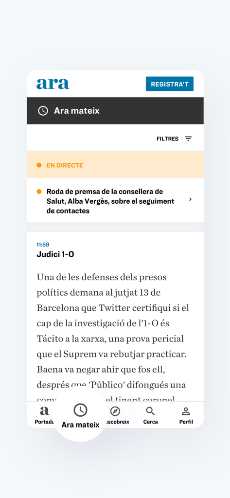 Diari ARA - Screenshot of the Diari ARA mobile app interface displaying the live breaking news section in Catalan