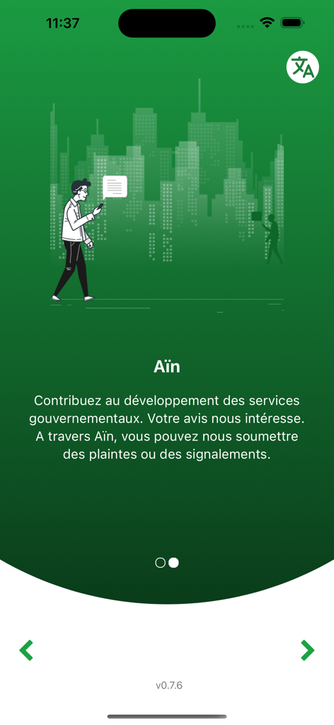 KHIDMATY - Pantalla de incorporación de la aplicación KHIDMATY mostrando a una persona usando un teléfono inteligente con texto en francés sobre la notificación de problemas de servicios gubernamentales