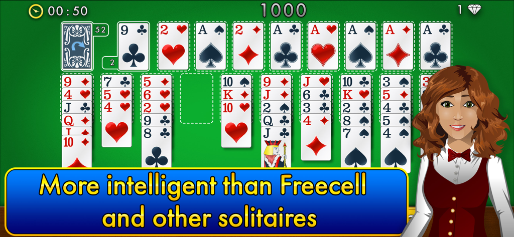 Interface de jeu Forty Thieves Solitaire Classic avec des cartes sur une table en feutre vert et un personnage de croupière.