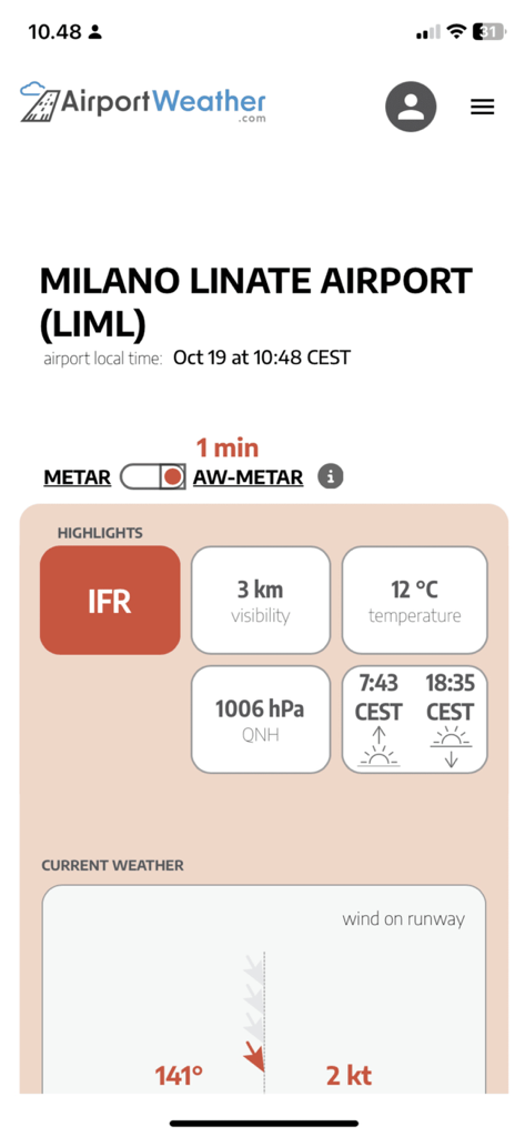 AirportWeather.com - Dashboard meteorologico aeronautico per l'aeroporto di Milano Linate che mostra le condizioni di volo IFR