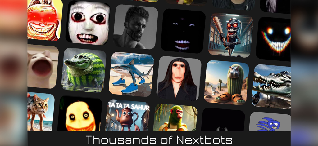 Nextbots Online: Sandbox - Uma variedade de personagens de memes da internet apresentados como Nextbots em um layout de grade