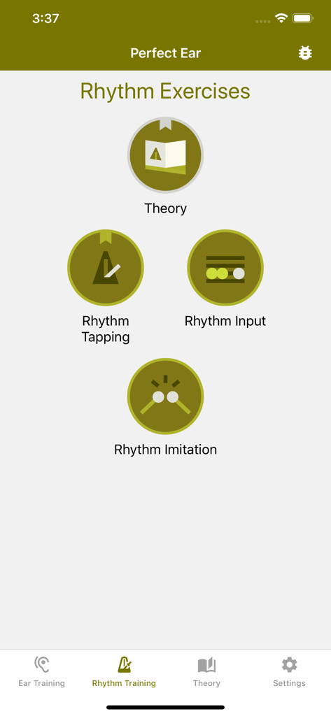 Perfect Ear - Ear Trainer - Perfect Ear app screen displaying rhythm training exercises including theory, tapping, input, and imitation.