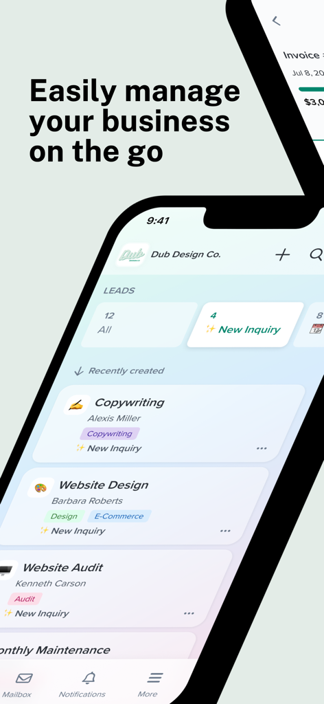 Dubsado - Dubsado mobile app interface displaying lead management and client projects