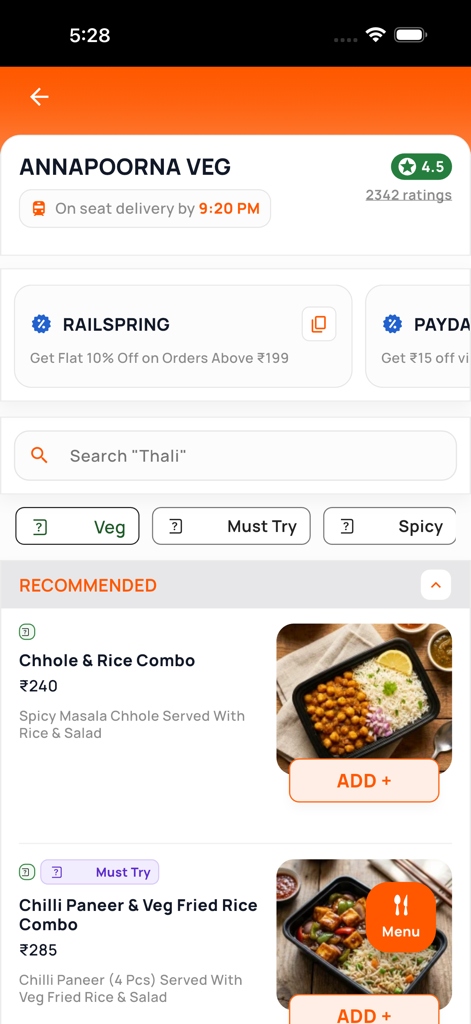 Schermata dell'app RailRestro che mostra il menu del ristorante e le opzioni di cibo per la consegna in treno