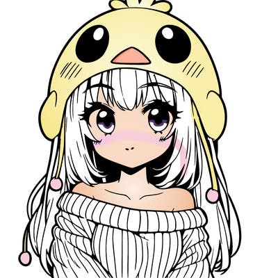 anime girl with chick shaped hat with sweater with bare shoulders with bangs covering them one eye with low tail