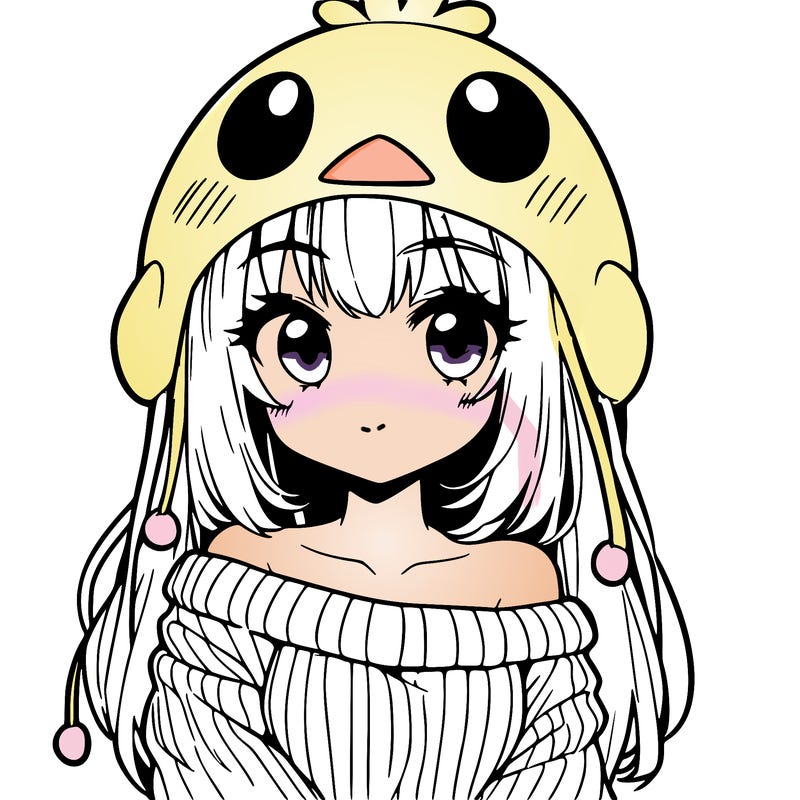 anime girl with chick shaped hat with sweater with bare shoulders with bangs covering them one eye with low tail