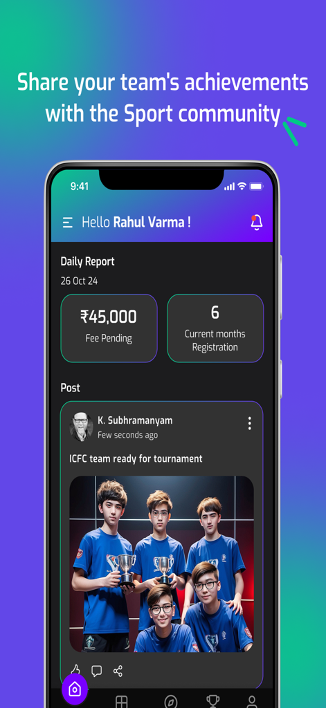 Athletiq - Own your Game - Athletiq app interface showing a management dashboard with financial statistics and a community post featuring a youth sports team with trophies.