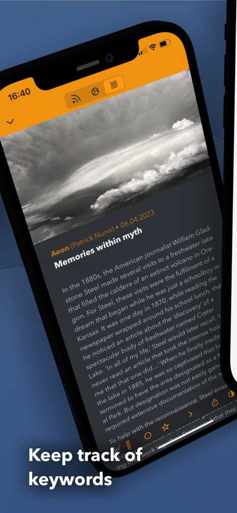 Fiery Feeds: News Reader - Smartphone displaying a news article in Fiery Feeds with text saying keep track of keywords