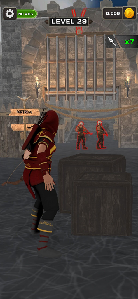 Archer Attack 3D: Shooter War - Un archer en armure rouge et noire vise des ennemis à la porte d'une forteresse